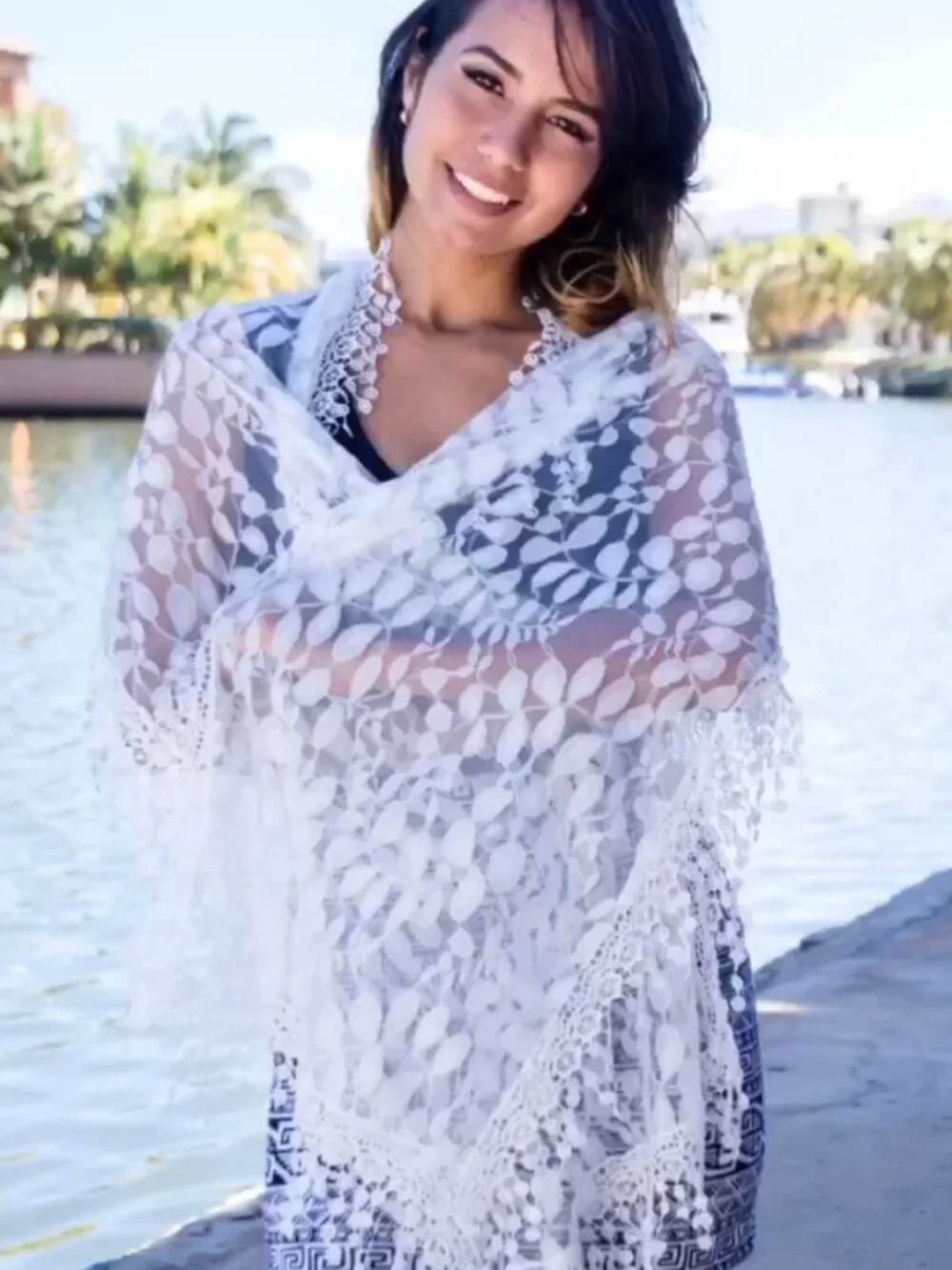 Lightweight Floral Lace Fringe Scarf Bridal Shawl Wrap for Women